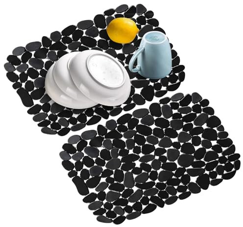 Kitchen Sink Protector Mat - 2 Pack 40x30cm (16x12in) Cuttable & Adjustable PVC Sink Mat, Non-Slip Dish & Glassware Fast Draining Mat for Kitchen/Bathroom Sinks (Black) -AstraLoom