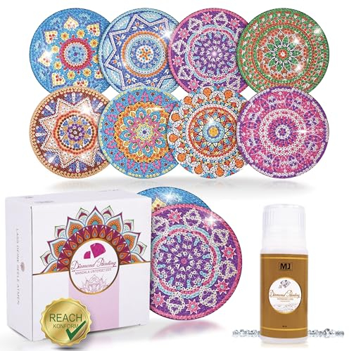 MJ Company® Diamond Painting Untersetzer 8 STK. mit Versiegler – Mandala Untersetzer – Kreatives DIY Bastelset