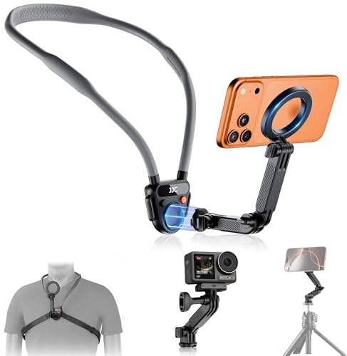 Portable Magnetic Neck Mount for Phone & Action Camera w 3 Removable Arm | Quick Release Neck Phone Holder for iPhone 17 16 15 Series Android, POV/Vlog Selfie Mount Necklace Holder with Chest Strap