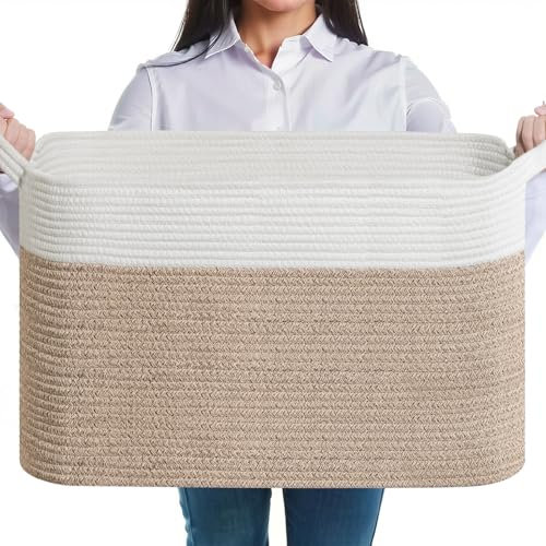 JOJOSEE Large Storage Basket, Blanket Basket for Clothes Bedding, Woven Storage Baskets, Toy Storage for Kids, Rope Basket for Living Room, Nursery, Bedroom 55x38x30 cm (White&Brown, 1 Pack)