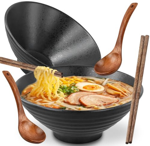 Ecofocet 2 Juegos Tazón de Ramen Japonés con Palillos y Cuchara, 2 x 1000ml Tazón de Sopa de Ramen Japonés de Porcelana, Grandes Ensaladera para Ensalada Frutas, Fideos, cereales, sopa, Negro
