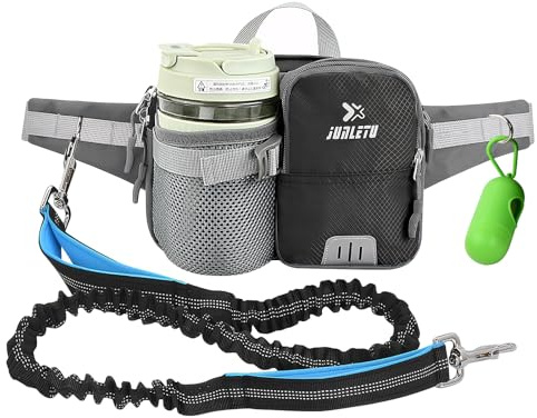 Correa para Perros Manos Libres con Bolsillo Impermeable – Cinturón Ajustable para Correr y Senderismo (Correa Elástica 120-175cm, Porta Bolsas, Reflectante)