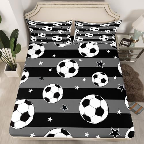 Loussiesd Juego de ropa de cama con diseño de pelota de fútbol, juego de cama para niños y niñas, juego de sábanas bajeras con patrón de rayas geométricas, 3 piezas, tamaño doble, sin sábana encimera