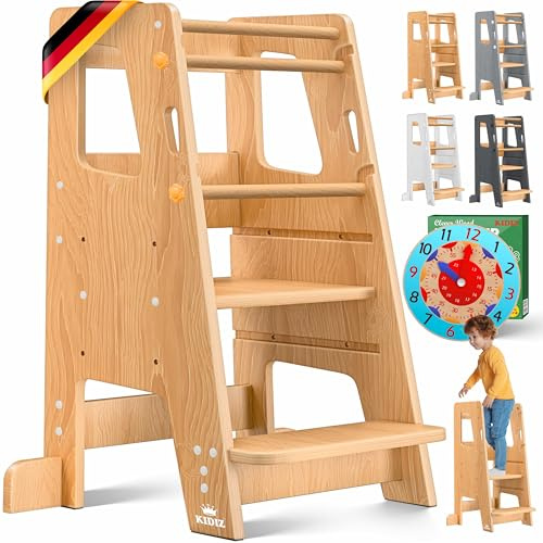 KIDIZ® Torre di apprendimento per bambini a partire da 1 anno con orologio didattico incluso | Sgabello a 3 altezze regolabili in legno di pino | Promuove le abilità motorie in modo ludico, Torre