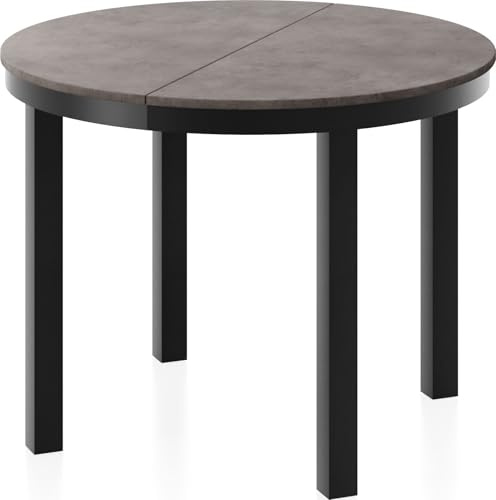 WFL GROUP Runder Ausziehbarer Esstisch mit Schwarzem Metallgestell – Tisch mit Schwarzen Metallbeinen im Loft-Stil – Platzsparender Tisch für Wohnzimmer, Esszimmer – Dunkelgrauer Beton – 100 bis 180