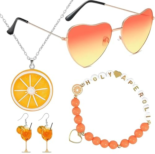 4 Stück Armband Orange, Kostüm Accessoires Damen Sonnenbrille Orangensaft Ohrringe Inklusive Sonnenbrille Orange Ohrringe Halskette Armband Für Frau Freundin Karneval Partys Geschenke Für Frauen