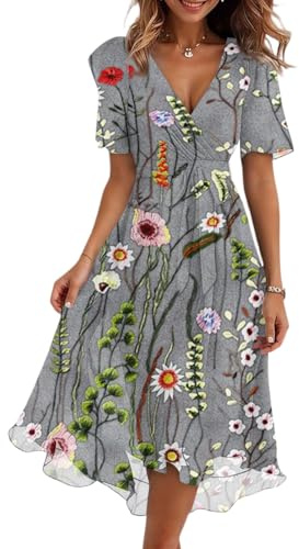 Wickelkleid Damen Sommer Blumen Bohemian Kleid Elegant Damen Festlich Volant-Kleid Empirestil Skaterkleid Mit Ärmel A-Linien High Waist Blumenkleid Schwingen Maxikleider Schickes Schwarzes