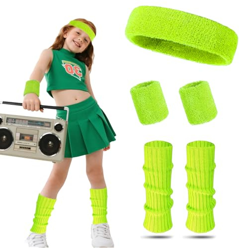 EQLEF 4 Pcs 80er Jahre Outfit Kinder, Neon Kostümsets Kinder und Fitness Kinders Armbänder und Neon Kopfbänder für Themenparty Tanzparty Karneval