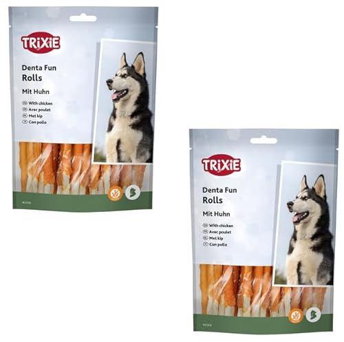 TRIXIE Denta Fun Rolls Huhn | Doppelpack | 2 x 240 g | Ergänzungsfuttermittel für Hunde | 30 Stück à 12 cm | Kaubeschäftigung und zur Zahnpflege | Glutenfreie Rezeptur