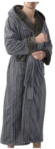 Celanisai Albornoz para hombre, cálido, invierno, ropa de baño larga, cómoda, suave, ropa de dormir con capucha, corte holgado, albornoz de manga larga, bata de casa, bata térmica, albornoz para sauna