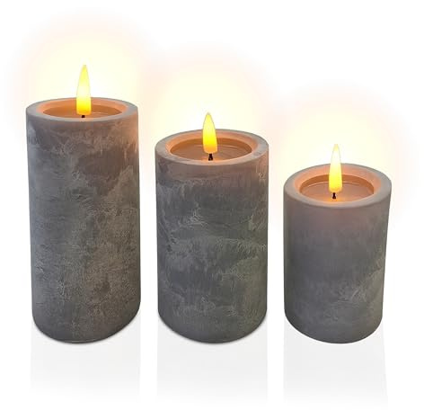 Relaxdays LED Kerzen, 3er Set, flackernde Flamme, warmweiß, Echtwachs, grau | Betonoptik, flammenlose Stumpenkerzen