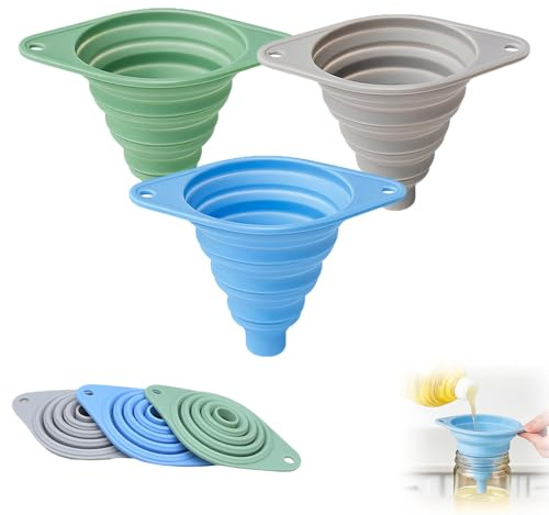 Small Funnels, 2025 New Collapsible Kitchen Funnel Set 3 Pack for Filling Bottles or Containers | Food-Grade Silicone, Easy Clean & Space-Saving Kitchen Gadgets (B+G+A)