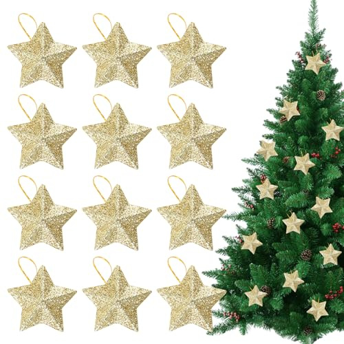 12 Stück Weihnachtsdeko Sterne, 45x45mm Funkeln Gold Weihnachtsstern, Gold Weihnachtssterne, Funkelnde Weihnachtsdeko für Weihnachten Weihnachtsbäumen Kaminen Fenstern Tischdekorationen Hochzeit