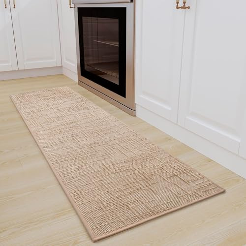 QINTOK Tapis Cuisine Devant Evier 50x150cm, Tapis de Couloir en Tissu Jacquard, Caoutchouc Soutenu Tapis de Cuisine Runner, Absorbent Tapis de Sol pour Devant l'évier, Buanderie, Salle de Bains, Beige