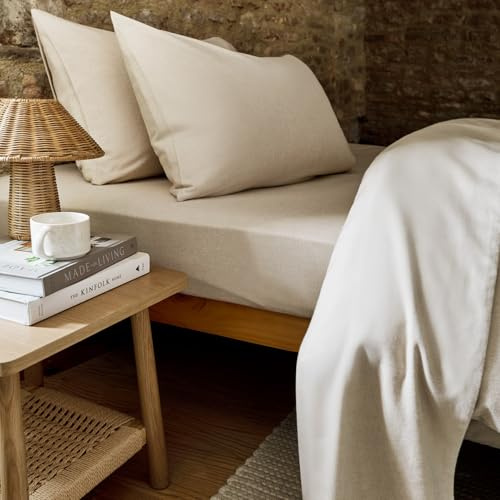 Christy Brushed Cotton Super King Fitted Sheet | Warm Breathable Winter Bedding | 100% Brushed Cotton Flannel Bed Linen | Super Soft and Silky Finish | Oat Beige