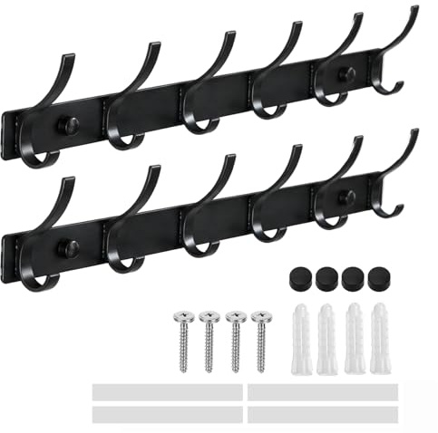 Eudomis 2 Pack Black Coat Hooks, Coat Rack Wall Mounted, Moisture-Proof and Rust-Proof Aluminum Material with 6 Hooks for Robes, Clothes, Bags