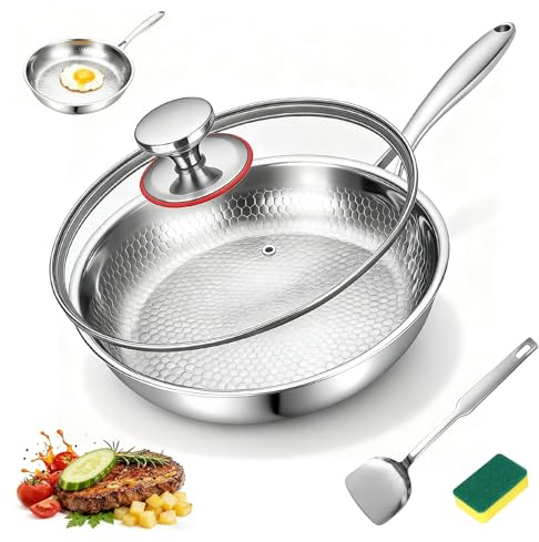 CISSIYOG Titan Poêle à frire, 26 cm, en titane, avec motif martelé | poêle en titane non revêtue avec éponge à récurer, couvercle et spatule pour saisir, steak, pâtisserie