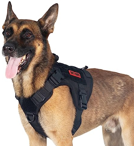 OneTigris Hundegeschirr, FIRE WATCHER Taktische Geschirr Sicherheitsgeschirr Hunde Hundeweste mit 1 Griffe und 2 D-Ring 1000D Nylon (XL, Schwarz)
