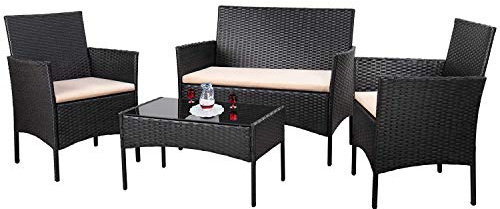 Homall 4 Pieces Outdoor Patio Furniture Sets Rattan Chair Wicker Set,Outdoor Indoor Use Backyard Porch Garden Poolside Balcony Furniture (Black and Beige)