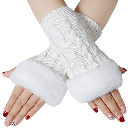 Bienvenu Fingerlose Handschuhe für Damen, Armstulpen mit Kunstpelz, Winter Fingerlose Fäustlinge, Weiß, Einheitsgröße