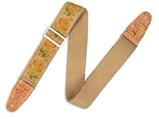 Levy's Leathers MH8P-008 Hanf-Gitarrengurt Vegan mit aufgedrucktem Rosa-Motiv in Gelb und Orange auf natürlichem Hanf-Gurtband mit 2-lagigen Korkenden