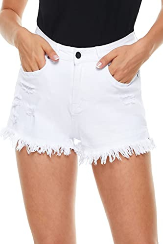 HVEPUO sommar korta byxor mom jeans knappar shorts hål hotpants dam skinny, C-vit, S