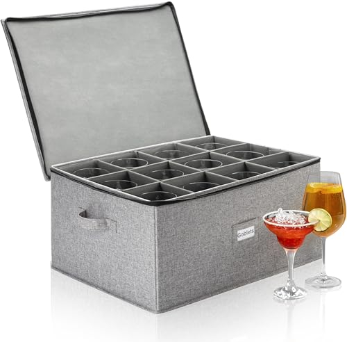 Hard Shell Goblets Storage Box with Dividers - 21W x 15.5D x 10H - Stackable with Fully Padded Interior - Great for Cocktail and Wide Bar Glasses