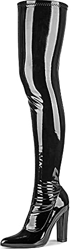 Women's Heeled Over The Knee Boots Patent Leather PU Chunky Block Heel Sexy Fashion Dress Side Zip Pointed Toe High Heels Thigh High Boots Long Boot, Black, 7 UK