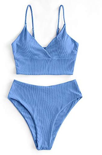 ZAFUL Camisa Coral Acanalada Sólido Corte de Pierna Alta Cintura Alta Tankini Conjunto Acolchado Dos Piezas Traje de Baño Trajes de Baño para Mujer, azul, L