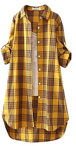 Lange Bluse Damen Leinenhemd Lang Kariert Shirt Frühling Revers Langarmshirt Knopfleiste Hemd Leinenbluse Lose Longbluse Blusenshirt Oberteile Tops