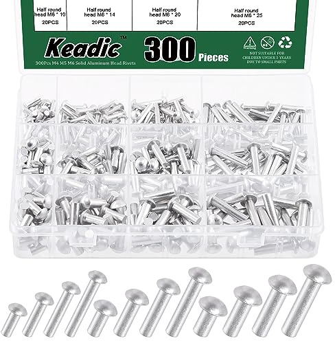 Keadic 300Pcs 12 Sizes Solid Aluminum Brazier Head Rivets Assortment Set, M4 M5 M6 10mm 14mm 20mm 25mm Length Aluminum Rivets Fastener for Household Machinery Automobile Industry