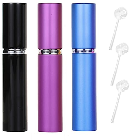 ZHIYE 10ML Perfume Atomiser Spray Bottle, 3 Pieces Refillable Refilling Travel Size Perfume Bottles in Pocket & Handbag Black & Purple & Blue
