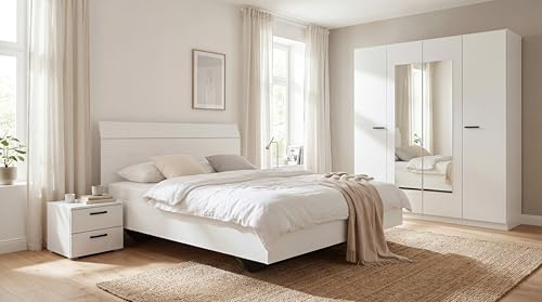 Rauch Möbel Florenz, Schlafzimmer-Set, Farbe Weiß, 4-teilig | Set bestehend aus Bett, Liegefläche 160x200cm, Nachttisch-Paar 2 Schubladen 40x36x40cm, Kleiderschrank, Spiegel 181x210x54cm