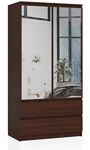 AKORD Armoire 2 Portes | Armoir Chambre | 2 Tiroirs 2 Etagères et Une Tringle et Miroir | L90 x H180 x P51 cm | Panneau Stratifié 16mm | Armoire sans Penderie Chambre Rangement