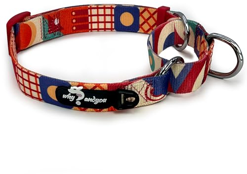 Why andyou Martingale Halsband Hund, verstellbar weich und bequem, geeignet für mittelgroße und große Hunde, mit kleinem D-Haken, flaches geometrisches Design, helles Rot, Größe L