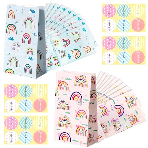 20 Stück Partytüten, Regenbogen-Kindergeburtstagstüten mit Aufklebern, süße Papier-Süßigkeitstüten, kleine Papier-Partytüten für Kinderparty (blau und rosa)