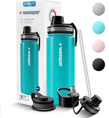 Wessper Stainless Steel Drinking Bottle 500 ml Leak-Proof Thermos Flask BPA-Free with 3 Lids Blue Elegant Sports Water Bottle Insulated Flask Children Adults for Camping Bicycle Sports Outdoor
