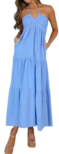 AmySister Women's Casual Summer Sleeveless Halter Tiered Midi Vacation Dress with Pockets Azure S