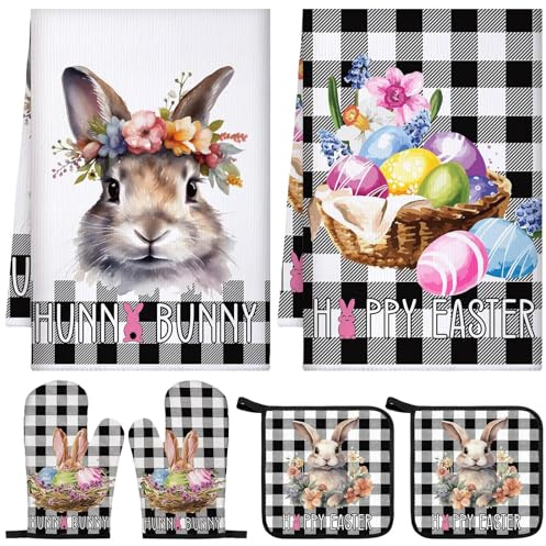 Bencailor 6 Pcs Easter Bunny Eggs Flowers Kitchen Towel Pot Holder Oven Mitt Set 2 Floral Dish Towel 2 Heat Resistant Cooking Glove 2 Pan Plate Bowl Pads for Spring Holiday(Black,Classic)
