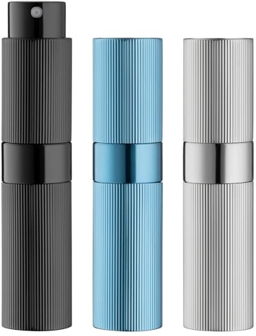 Toureal 8ml 3PCS Aluminium Parfüm Zerstäuber Nachfüllbar Leer, Nadelstreifen Parfümzerstäuber, Reisezerstäuber Flasche für unterwegs (Schwarz, Silber, Blau)
