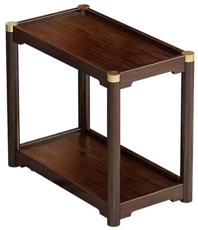 Vintage Narrow Side Table with 2 Tier Storage Shelf, Wood Bedside Table Nightstand with Wheels, Slim Sofa End Table for Small Spaces