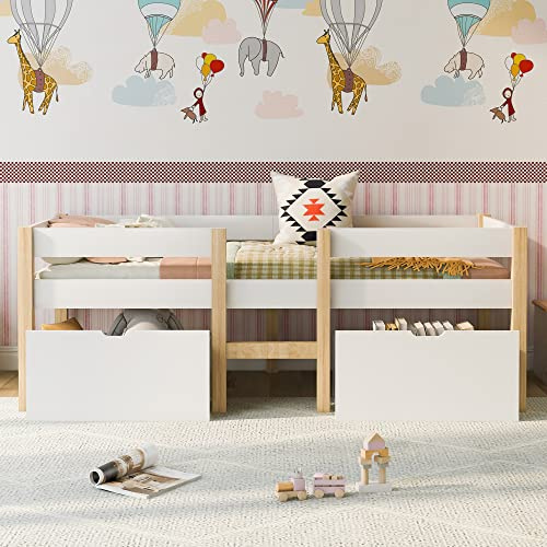 Sapgaks Kinderbett Etagenbett 90x200 mit Schublade und Rausfallschutz, Kiefer Vollholz Weiß & Eiche