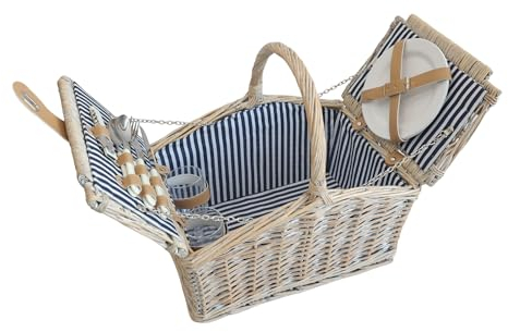 casa.pro Picknickkorb Lumparland Komplettset für 2 Personen mit Deckel Weidenkorb Picknickset aus Geschirr Gläser Besteck Picknickkoffer 40 x 28 x 37 cm Weiß/Blau