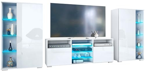 Vladon Ensemble Mural Davos pour Salon, Comprenant 2 vitrines et 1 Meuble TV, Blanc Mat/Blanc Haute Brillance éclairage LED Inclus (329 x 134 x 35 cm)