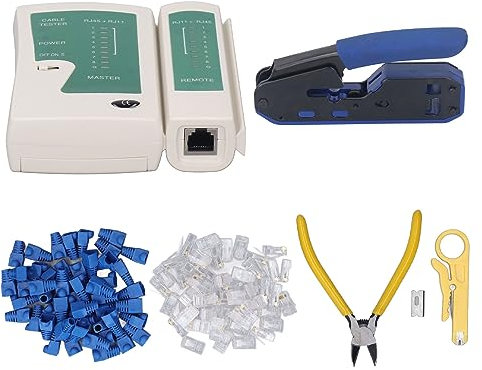 Crimpzangen-Set, RJ45-Crimpwerkzeug-Set, Netzwerk-Tester-Set für Cat5 Cat6 Pass-Through-Stecker, Abisolierzangen