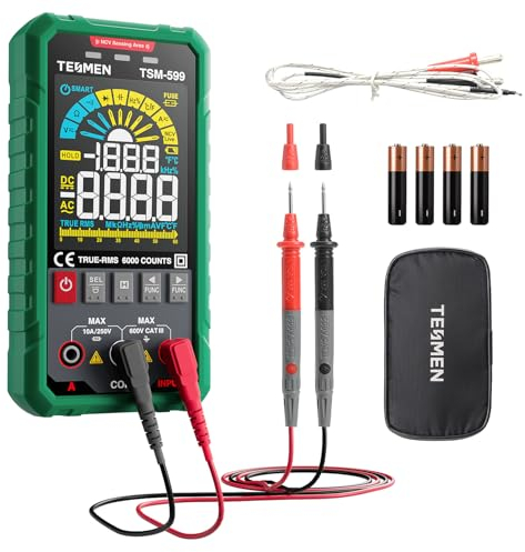 TESMEN TSM-599 Smart Digital Multimeter, TRMS 6000 Counts, Voltage Tester, Volt Meter with NCV, DC/AC Voltage&Current, Resistance, Continuity, Diode, Capacitance, Hz%, Temperature, Live Wire - Green