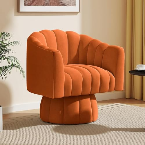 SEYNAR Mid Century Fauteuil rond pivotant à 360° avec chaise ronde en velours rembourré et moelleux pour salon, chambre à coucher, bureau, salle d'attente (orange)