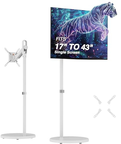 AVLT Single 17 to 43 Inch Portable Monitor Arm TV Rolling Stand with Heavy Base for Screens Up to 22 lbs, Mechanical Spring Height Adjustment, Screen Rotation, Mobile Low Profile Caster Wheel, White