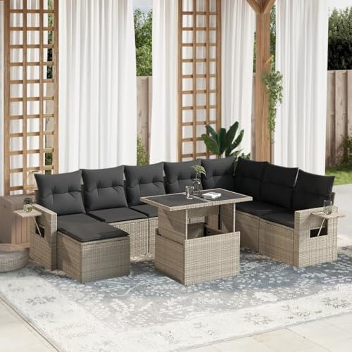 Homgoday 9-TLG. Garten Sofagarnitur mit Kissen Gartensofa Balkonmöbel Gartenlounge Gartenmöbel Sofa Lounge Balkonsofa Balkonlounge Sitzgruppe Gartenset Hellgrau Poly Rattan