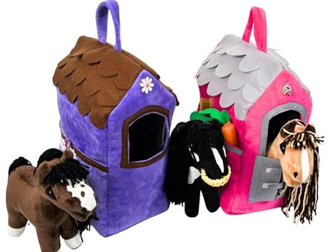 X-Group4th Pferdestall für Baby Horse Mini, Pferde, Spielzeug, Geschenk für Kinder Mädchen, Zubehör, Transporter für EIN Plüschpferd, Lila - Braun 33x24x16 cm